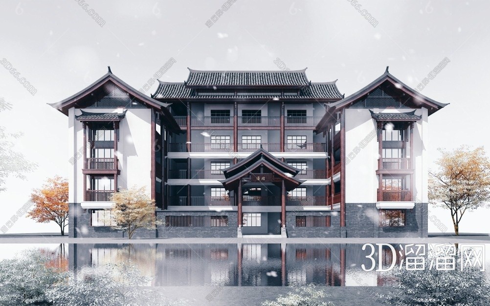 中式古建筑酒店透视图3d模型下载