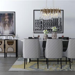 现代 餐桌椅组合  餐桌 装饰柜 边柜 装饰画组合