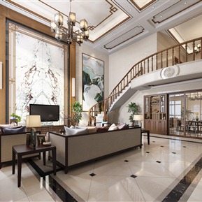 新中式 复式客厅 别墅客厅 餐厅 吊灯 绿植 沙发组合 电视柜