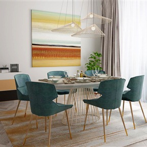 现代 餐桌椅组合  餐桌边柜吊灯组合