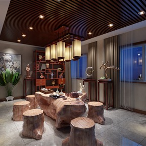 新中式 茶室 茶室茶桌吊灯博古架