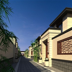 新中式 联排别墅 别墅围墙走廊