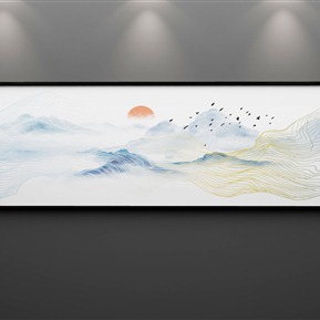 新中式 风景画 抽象水墨线条金色山川江南三联装饰画