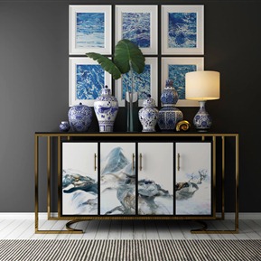 新中式 玄关柜 装饰柜装饰品装饰画组合
