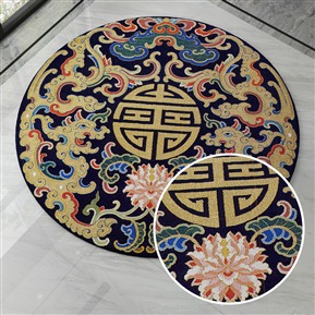 藏式深蓝色手工打结割绒羊毛地毯 圆形地毯 VR