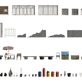 现代 窗户  砖墙 油桶水桶