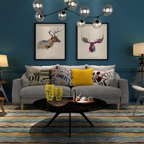 北欧 沙发茶几组合 沙发茶几灯饰挂画组合