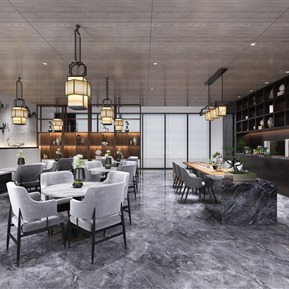 新中式 茶水间 休息室 休闲桌椅 博古架 吊灯 吧台 摆件 饰品