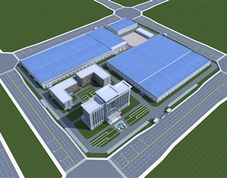 现代单层钢构厂房效果图3d模型下载