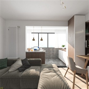 现代 客餐厅 客厅 灰色布艺转角沙发 吊灯 餐桌椅 桌花 摆件 照片墙