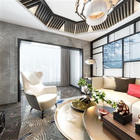 新中式 客厅 客餐厅全景