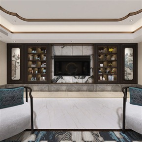 新中式 客厅 餐厅 别墅客餐厅 沙发 餐桌椅 吊灯 摆件 装饰品