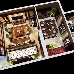 欧式 鸟瞰图 别墅客餐厅俯视图