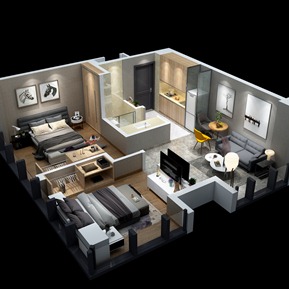 现代 鸟瞰图 客厅餐厅卧室软装搭配