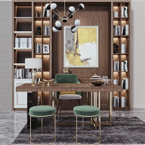 轻奢 书桌椅 书柜 吊灯 摆件