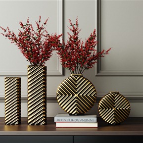 现代 花瓶 金色扁花瓶摆件组合