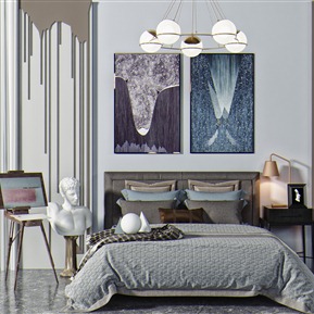 现代 双人床 吊灯 挂画