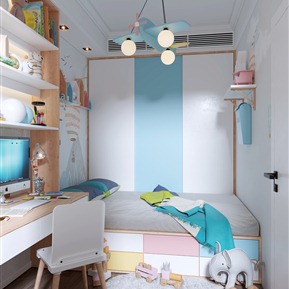 北欧 榻榻米卧室 儿童房 榻榻米床 书桌 书柜