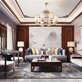 新中式 客厅 客餐厅 厨房 书房