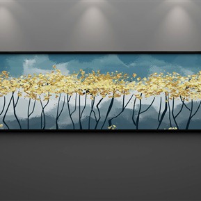 现代 植物画 飞鸟金色雪山抽象客厅装饰画