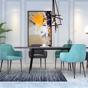 现代 餐桌椅组合 装饰画 餐桌餐椅 绿植 落地鞥 吊灯