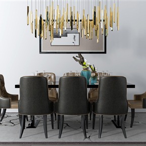 简欧 餐桌椅组合  餐桌吊灯装饰画组合