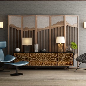 新中式 休闲椅 装饰柜装饰品组合