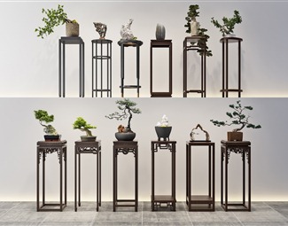 新中式 花几 花架松树盆景盆栽组合