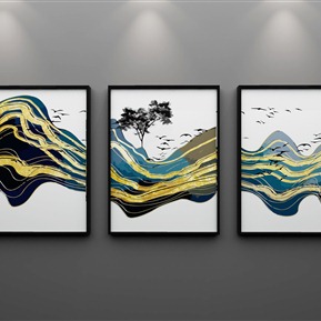 新中式 风景画 晶瓷发财树动物麋鹿金鱼三联装饰画