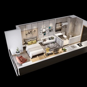 现代 鸟瞰图 公寓 单身公寓鸟瞰 双人床品组合 沙发组合 餐桌椅 软装 摆件