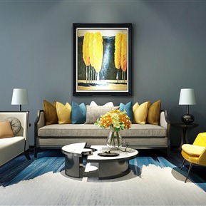 新中式 沙发茶几组合 沙发茶几挂画边几台灯组合