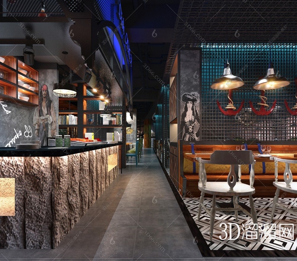 工业loft海盗船主题餐厅3d模型下载