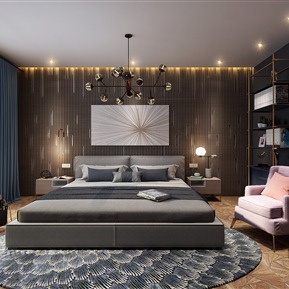 现代 卧室 休闲椅 书架 墙饰 边几 地毯 装饰画