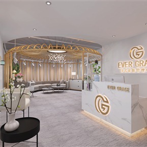 现代 美容院 美容按摩 前台接待 休闲沙发 弧形沙发 吊灯 植物 包间 按摩床