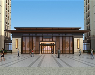 新中式小区入口建筑3d模型下载