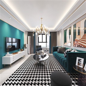 轻奢 客餐厅 客厅 蓝色沙发 吊灯 餐厅 餐桌椅 挂画 装饰柜 摆件