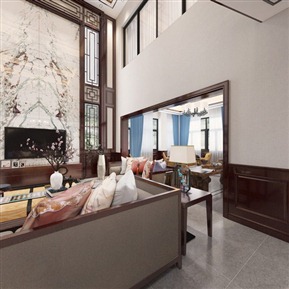 新中式 复式客厅 别墅客厅餐厅全景