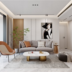 现代 客厅 极简 沙发 茶几 植物 陈设品