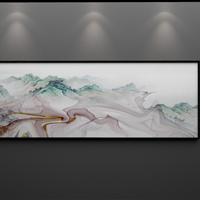 新中式 抽象画 水墨山水金线抽象装饰画背景墙