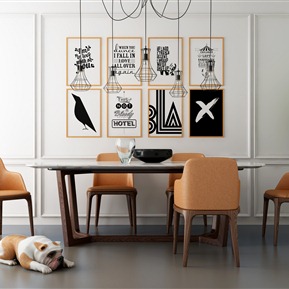 北欧 餐桌椅组合 餐桌椅子装饰画狗组合