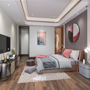轻奢 卧室 双人床 电视柜 摆件 装饰品 挂画 吊灯