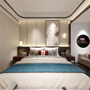 新中式 客房 酒店单人大床房全景