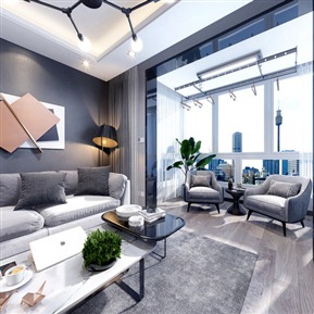 现代 客餐厅 黑白灰客餐厅全景