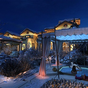 民族风 卡通场景 超极的雪景别墅温泉景观