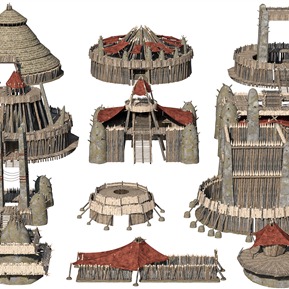 现代 原始营地 古代茅草屋 房子 木栅栏 帐篷