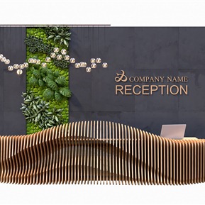 现代 接待台 办公木制异形接待台 植物背景墙