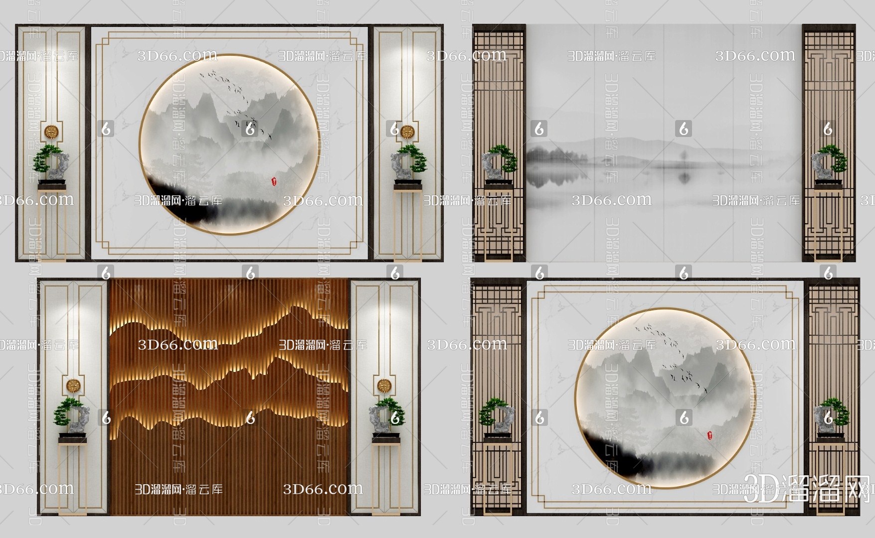 新中式背景墙3D模型下载-花瓣网