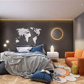 现代 卧室 沙发 墙饰 装饰品 地毯 窗帘