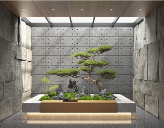 新中式 景观小品 室内植物造景