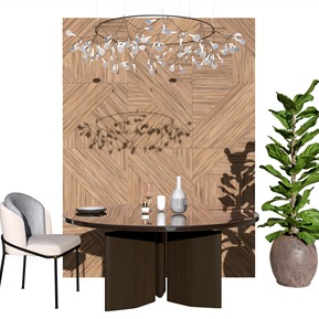 现代 餐桌椅组合 餐桌椅 吊灯 装饰板 绿植盆栽